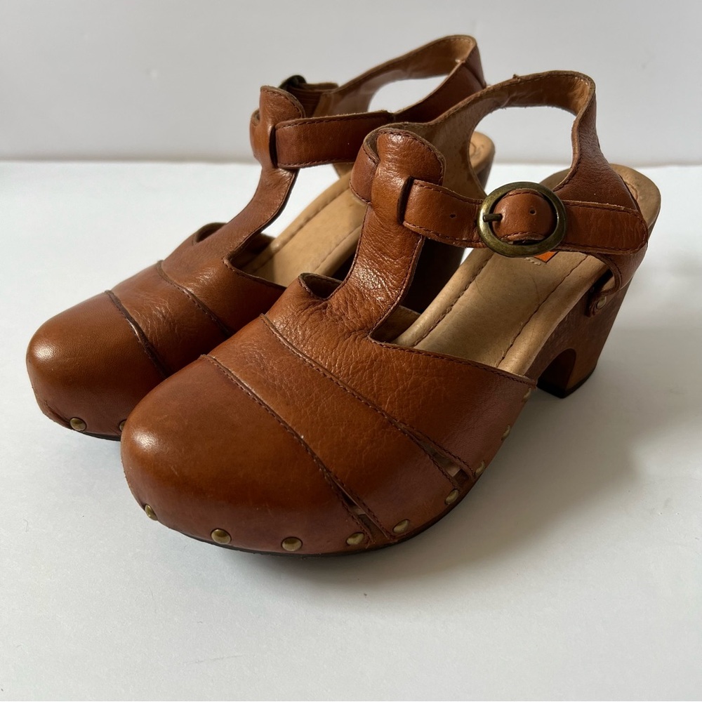 Miz Mooz 70th Platform Heel Stud Detail Clogs Brown Leather Buckle Closure 6
